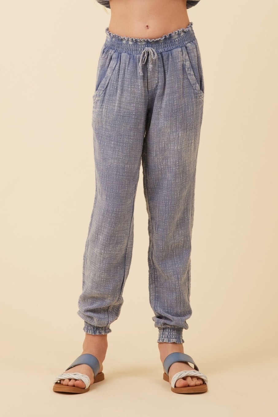 Kids Vintage Havana Kids Bottoms | Blue Washed Texture Smocked Waist Jogger