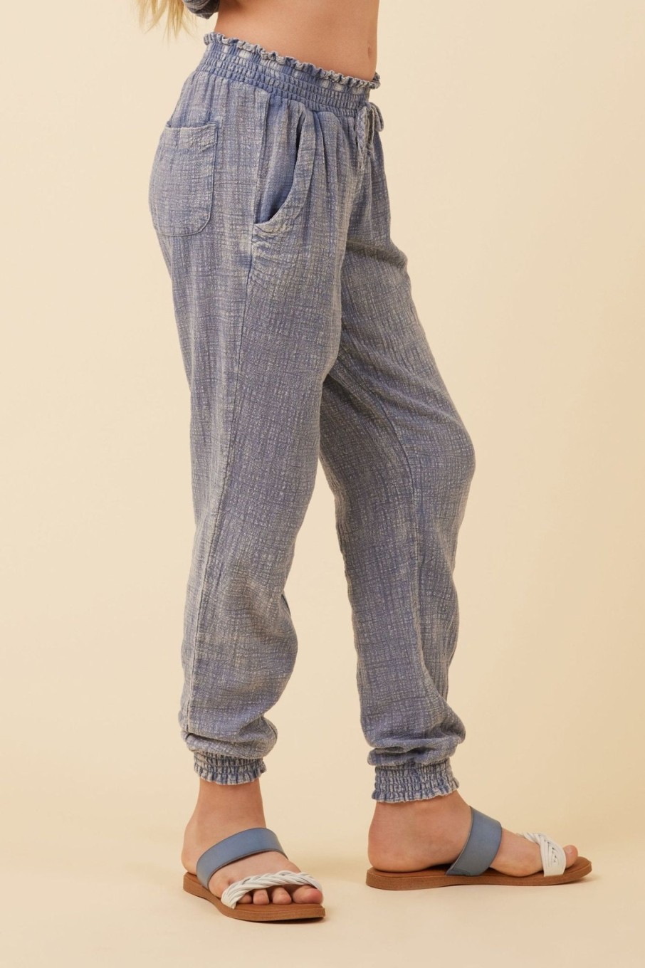 Kids Vintage Havana Kids Bottoms | Blue Washed Texture Smocked Waist Jogger