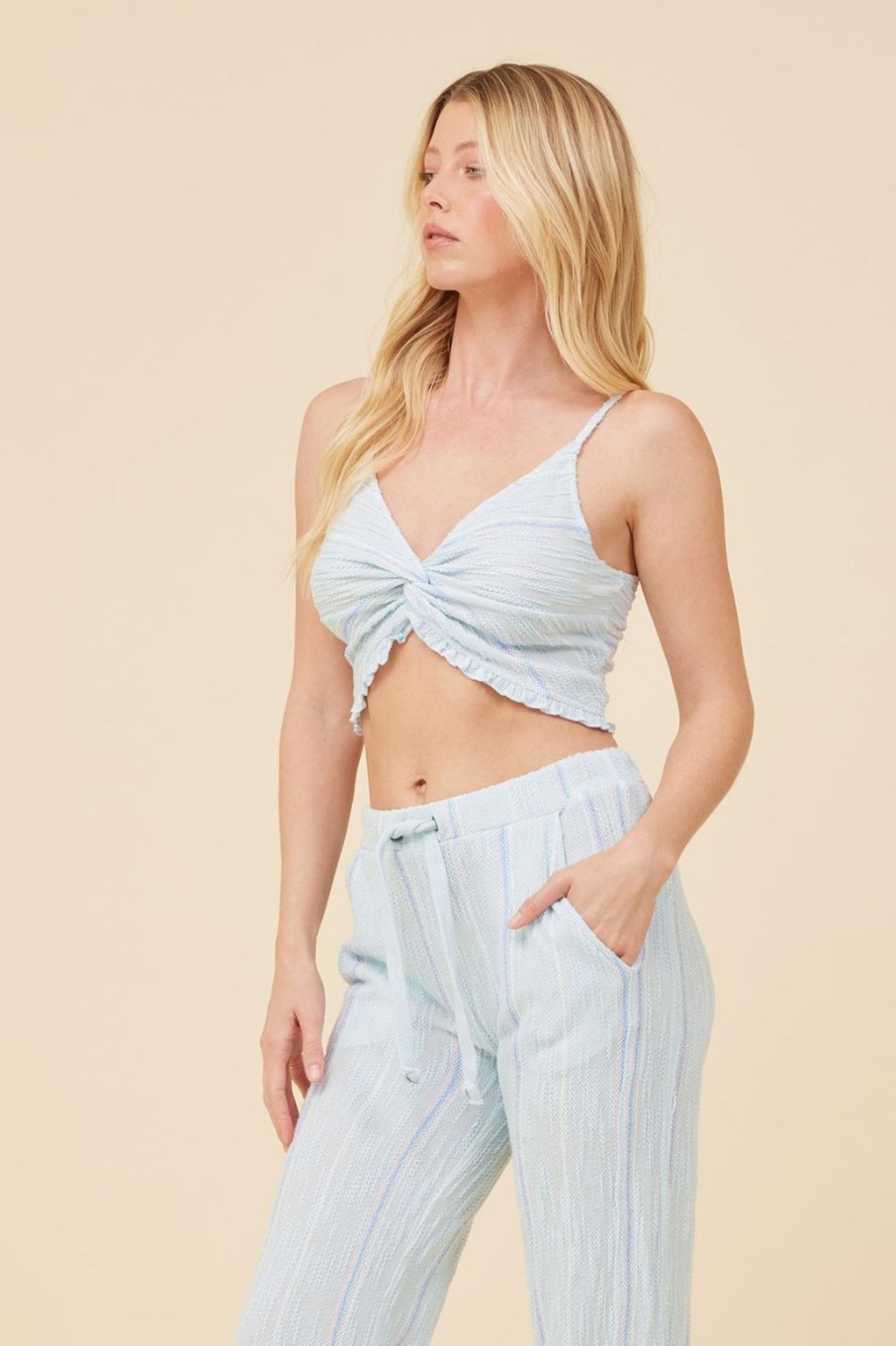 Women Vintage Havana Tanks | Soft Blue W/Mixed Stripes Textured Cropped Tank