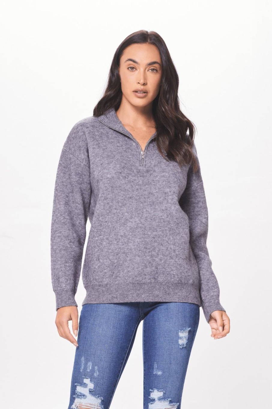 Women Vintage Havana Sweaters | Heather Grey & Pink Happy Quarter Zip Sweater