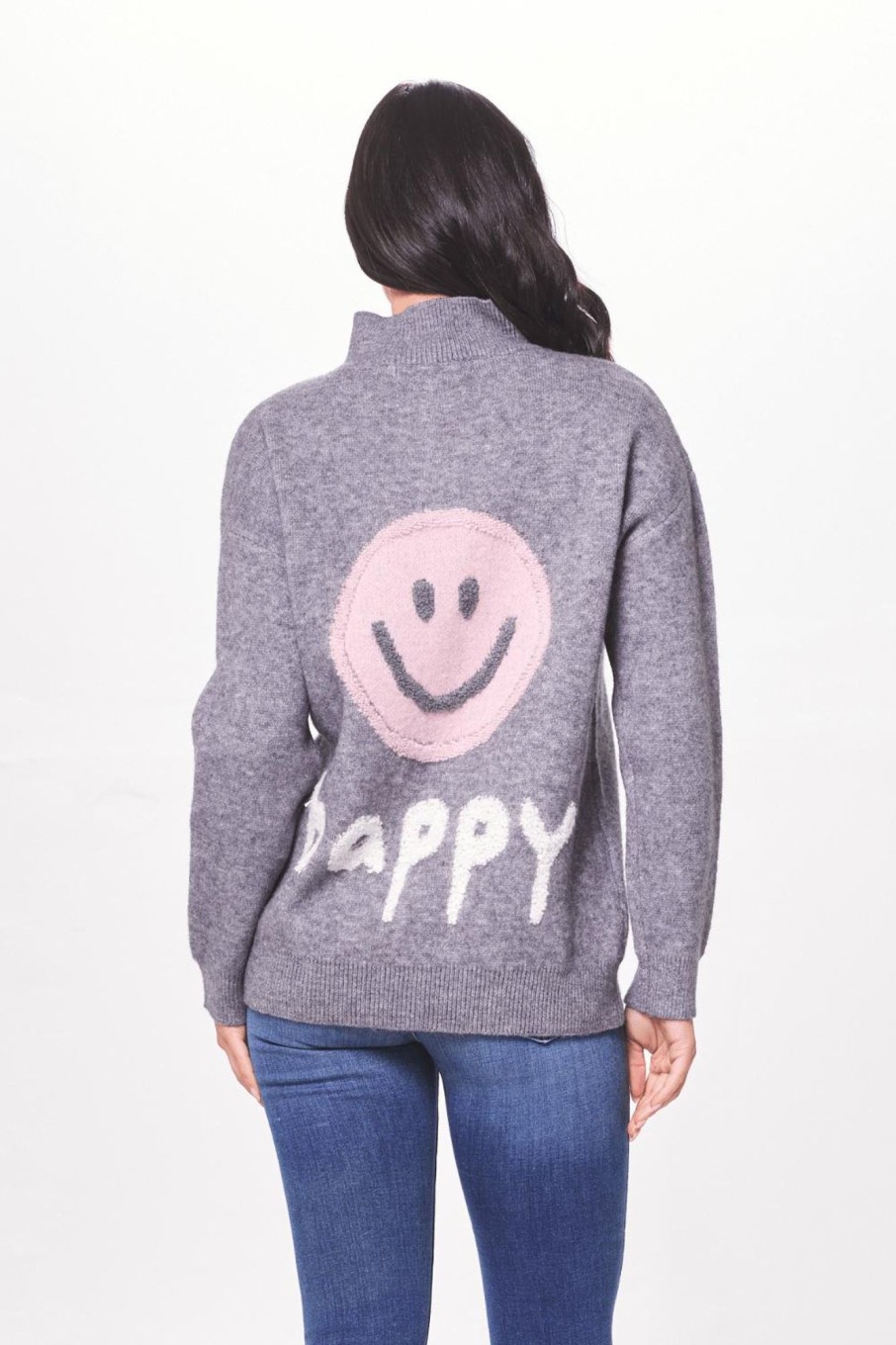 Women Vintage Havana Sweaters | Heather Grey & Pink Happy Quarter Zip Sweater