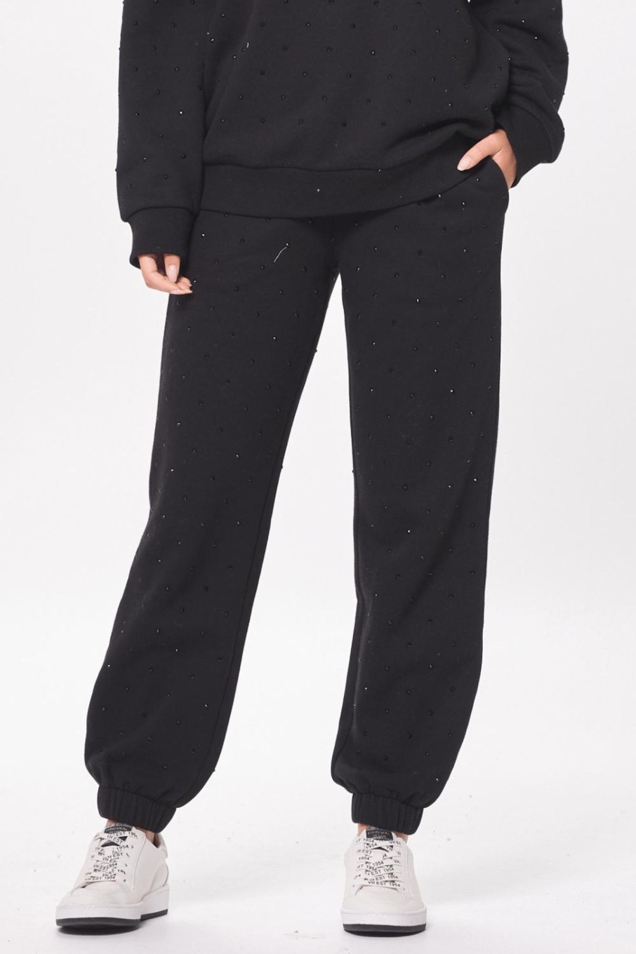 Women Vintage Havana Joggers | Black Fleece Jogger W/Rhinestones