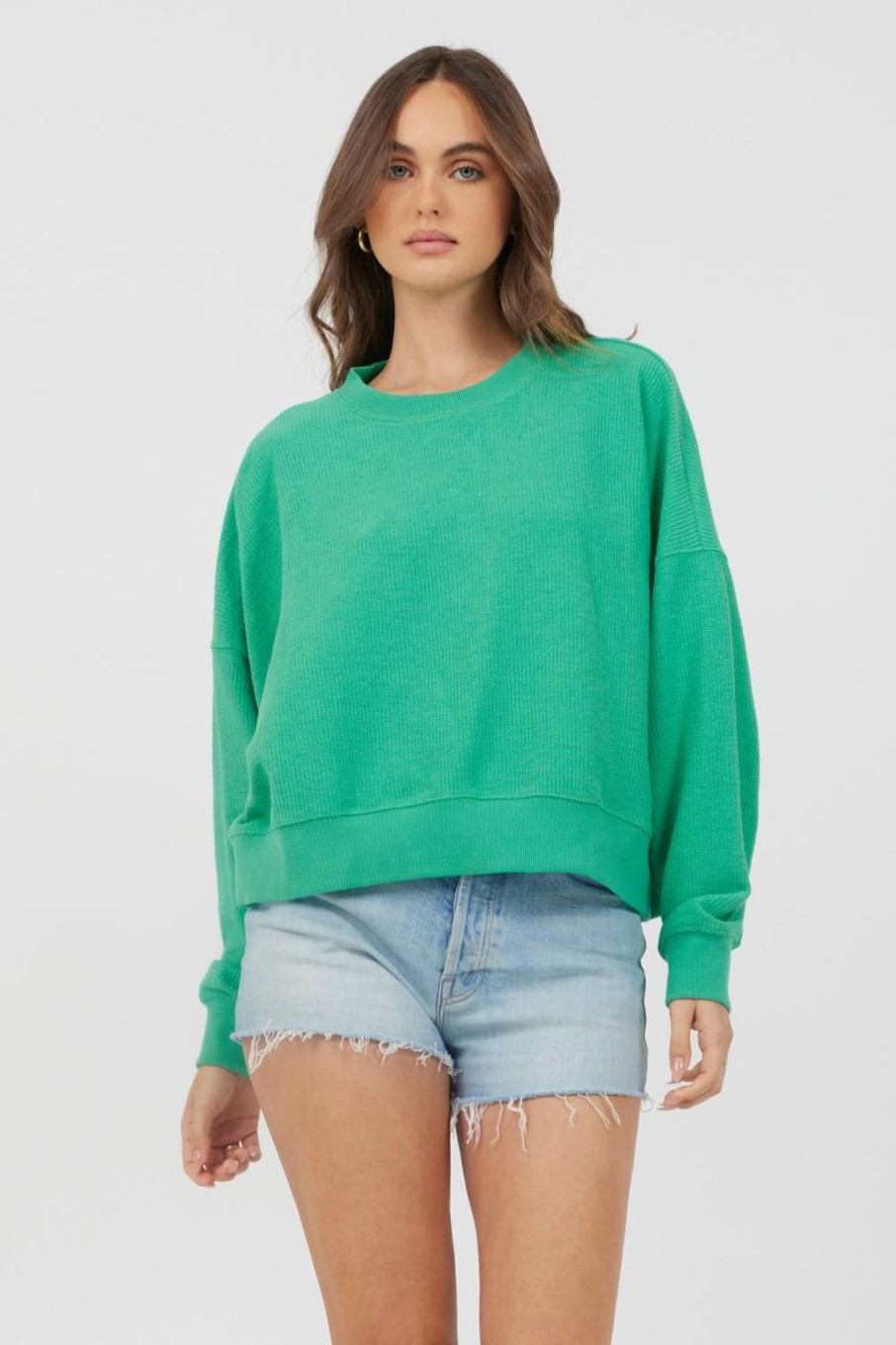 Women Vintage Havana Sweatshirts | Surf Green Washed Rib Crewneck