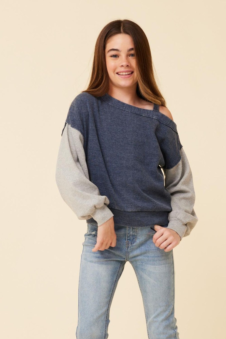 Kids Vintage Havana Kids Tops | Navy/Grey Ribbed One Shoulder Colorblock Top