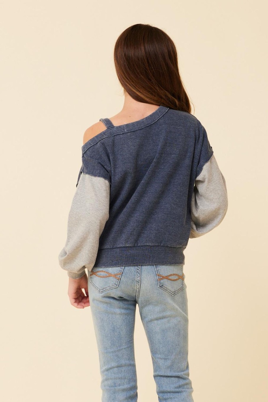 Kids Vintage Havana Kids Tops | Navy/Grey Ribbed One Shoulder Colorblock Top