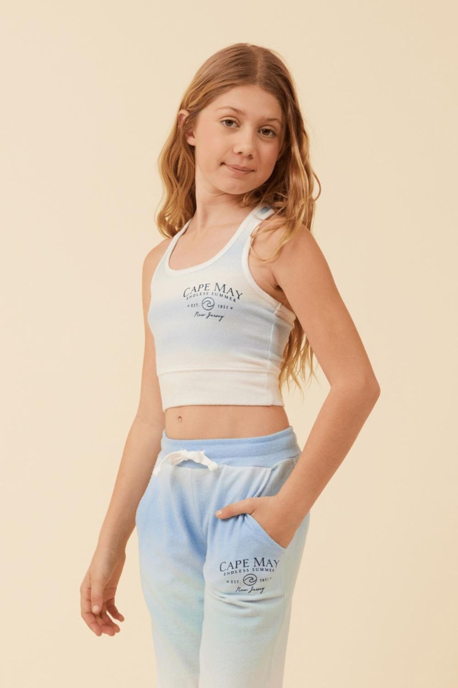 Kids Vintage Havana Kids Tie Dye | Blue Skies Ombre Tie Dye Brushed Hacci Racerback Crop Top