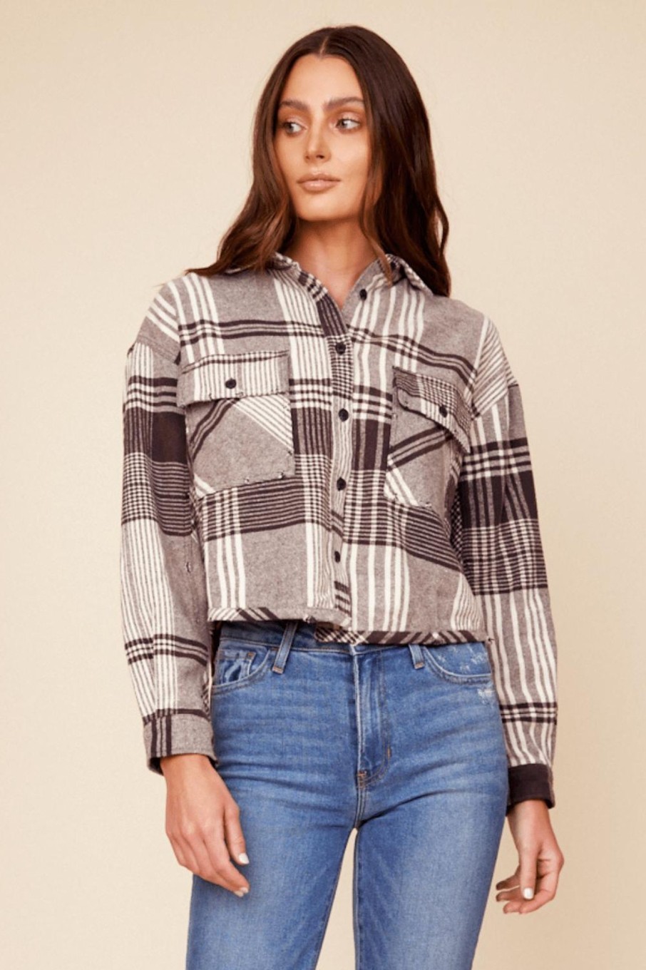 Women Vintage Havana Outerwear | Chocolate Brown Flannel Plaid Shirting