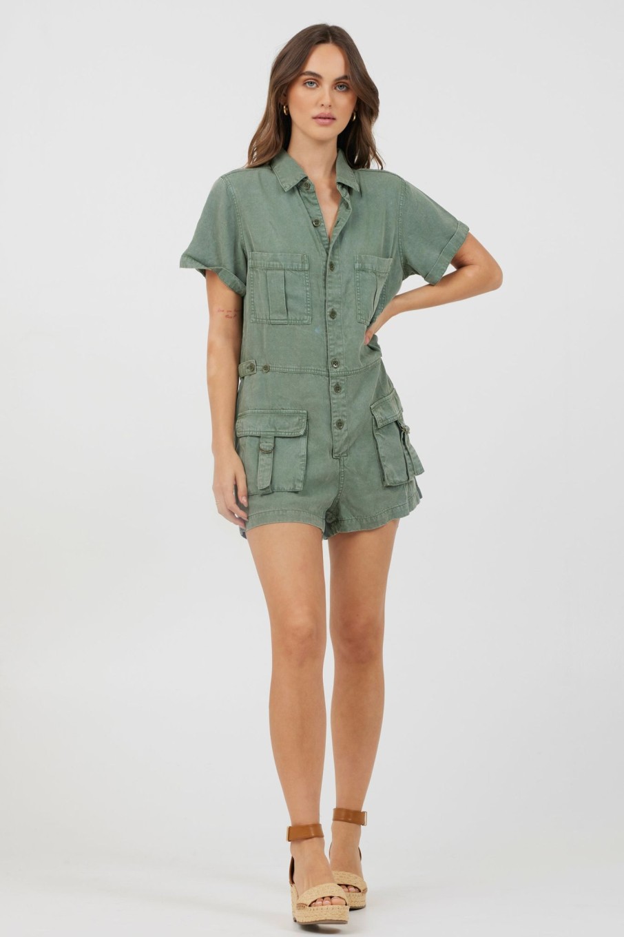 Women Vintage Havana Jumpers & Rompers | Soft Olive Button Front Romper