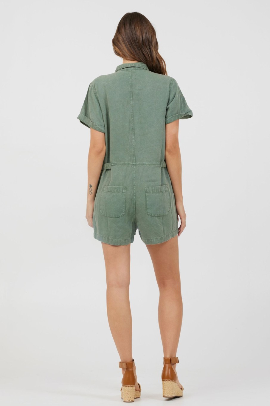 Women Vintage Havana Jumpers & Rompers | Soft Olive Button Front Romper