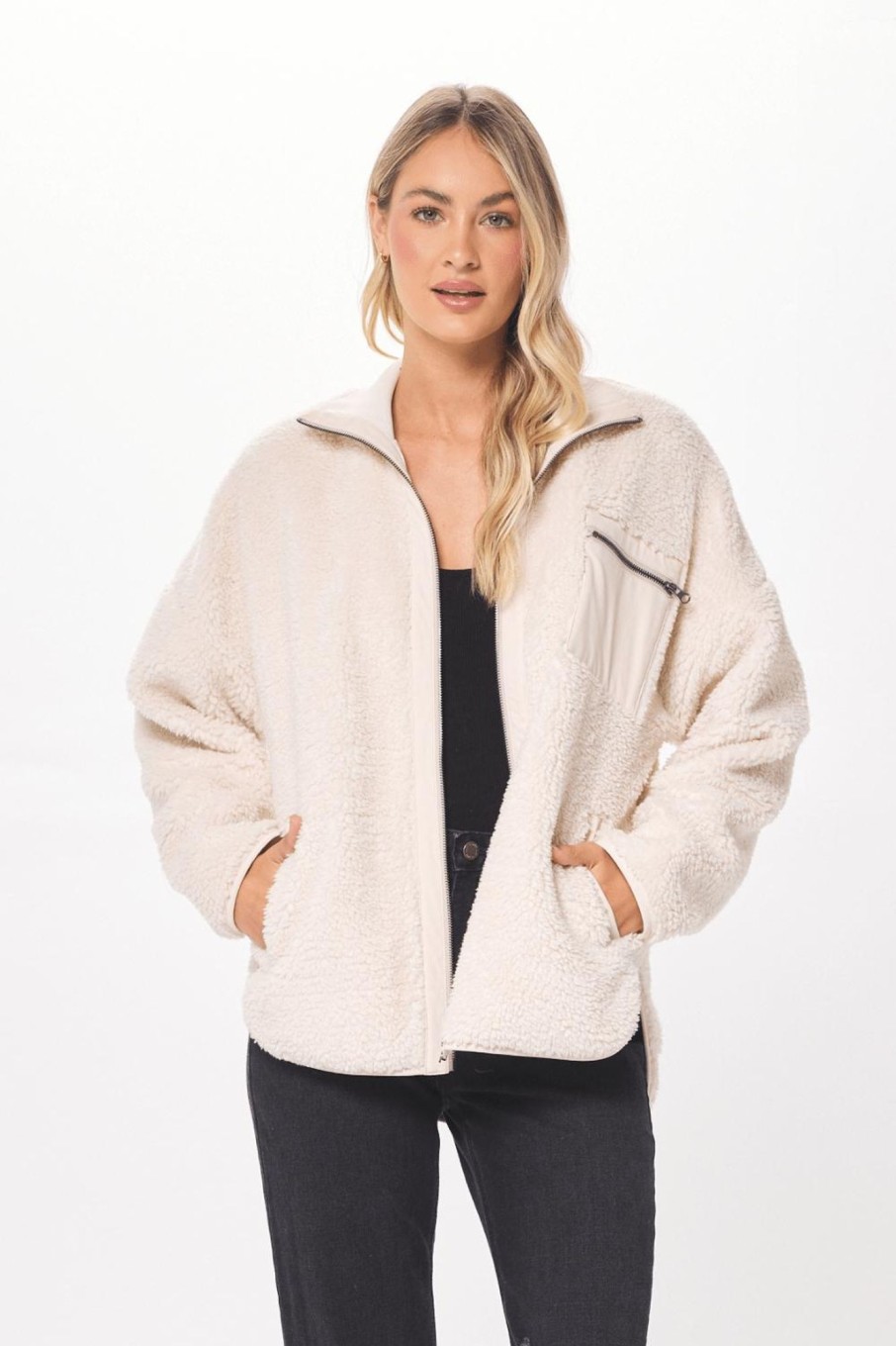 Women Vintage Havana Outerwear | Ecru Shearling Zip Front Jacket W/Faux Leather Combo