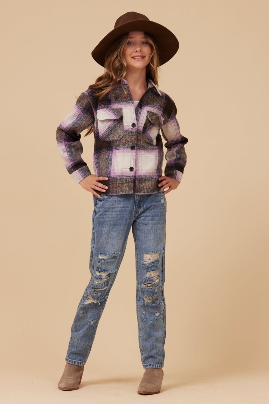 Kids Vintage Havana Kids Tops | Flannel Shacket- Lavender