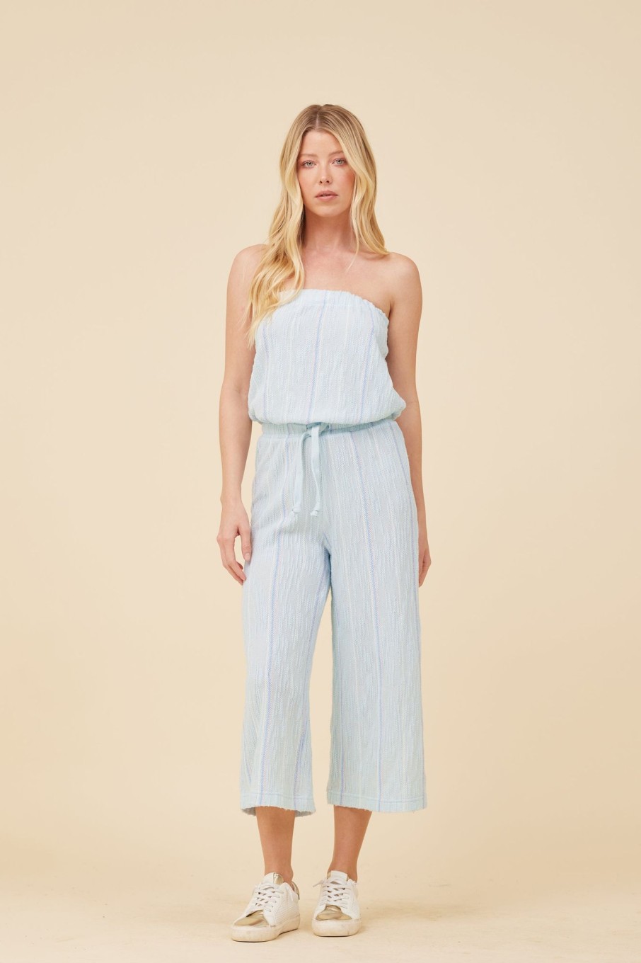 Women Vintage Havana Jumpers & Rompers | Soft Blue W/Mixed Stripes Textured Jumpsuit