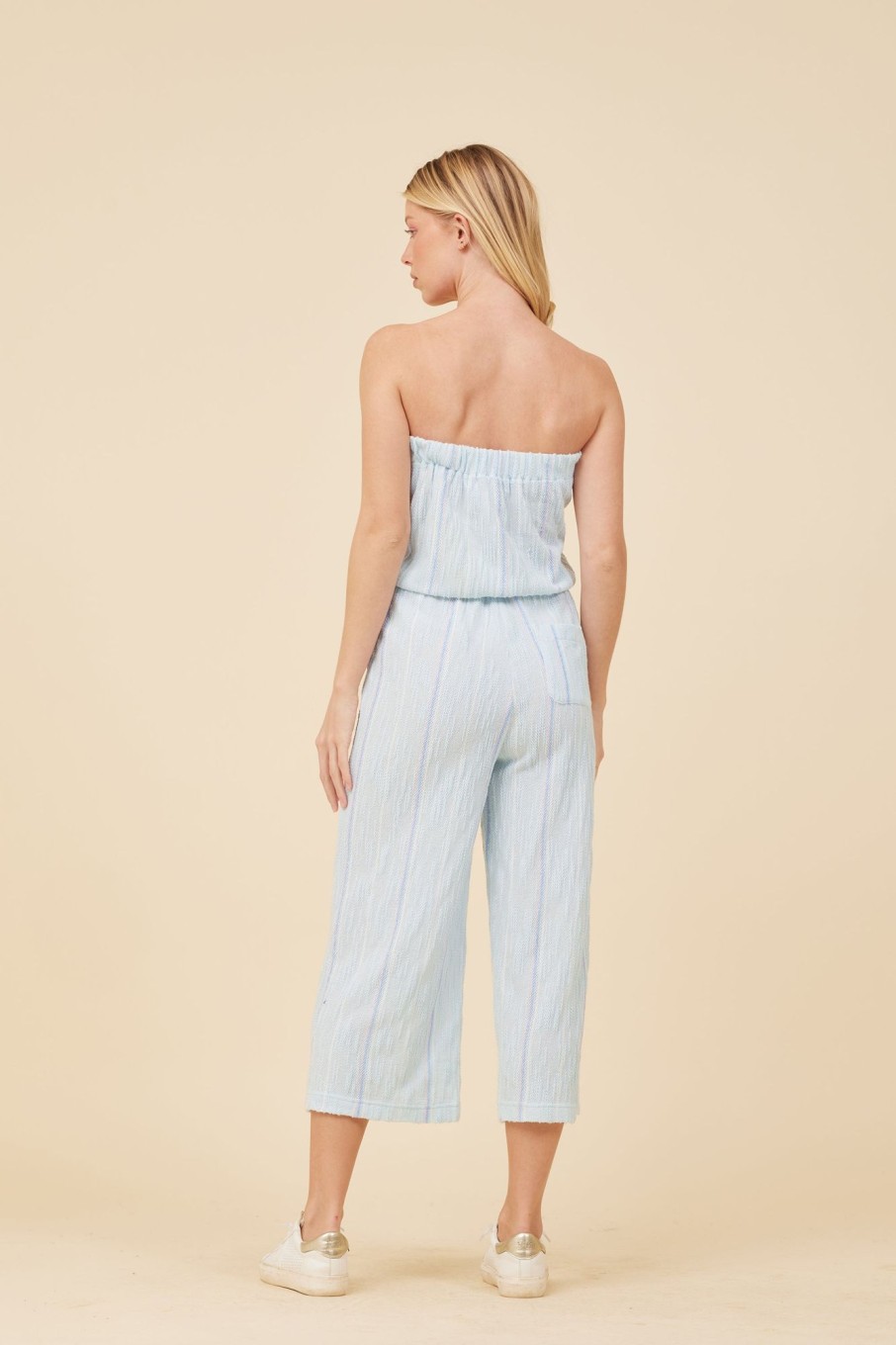 Women Vintage Havana Jumpers & Rompers | Soft Blue W/Mixed Stripes Textured Jumpsuit