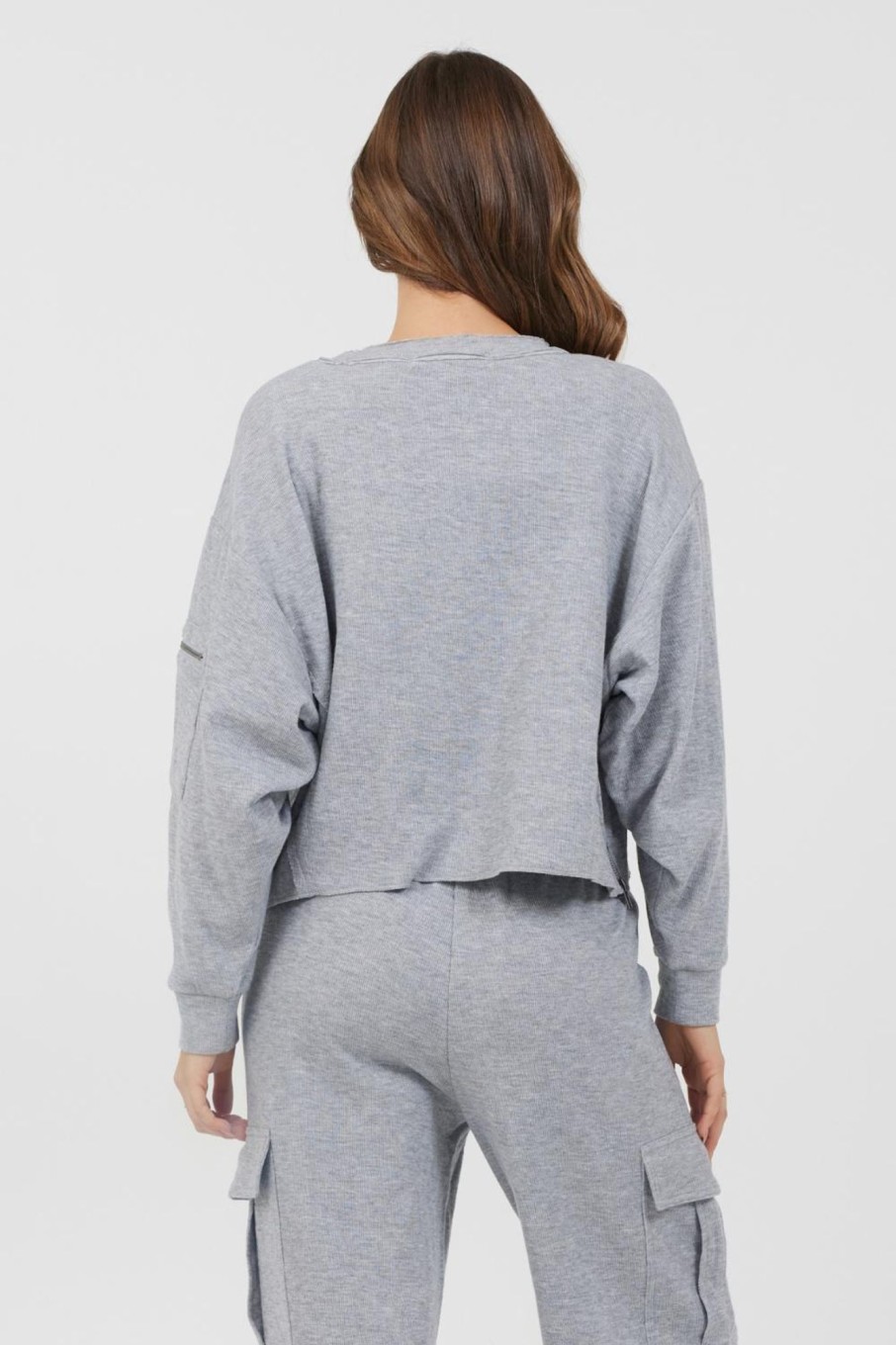 Women Vintage Havana Sweatshirts | Heather Grey Bounded Textured Jersey Utility Crewneck