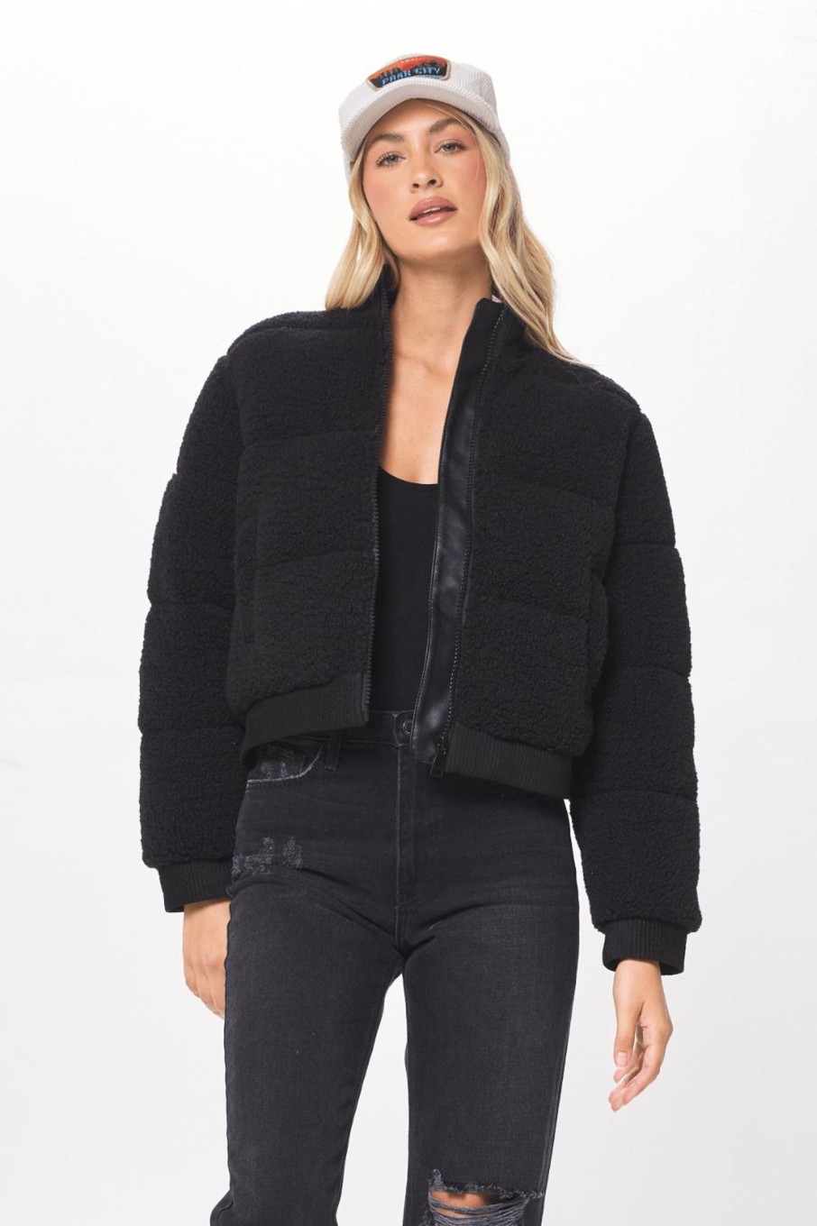 Women Vintage Havana Outerwear | Black Sherpa W/Suede Bomber Jacket