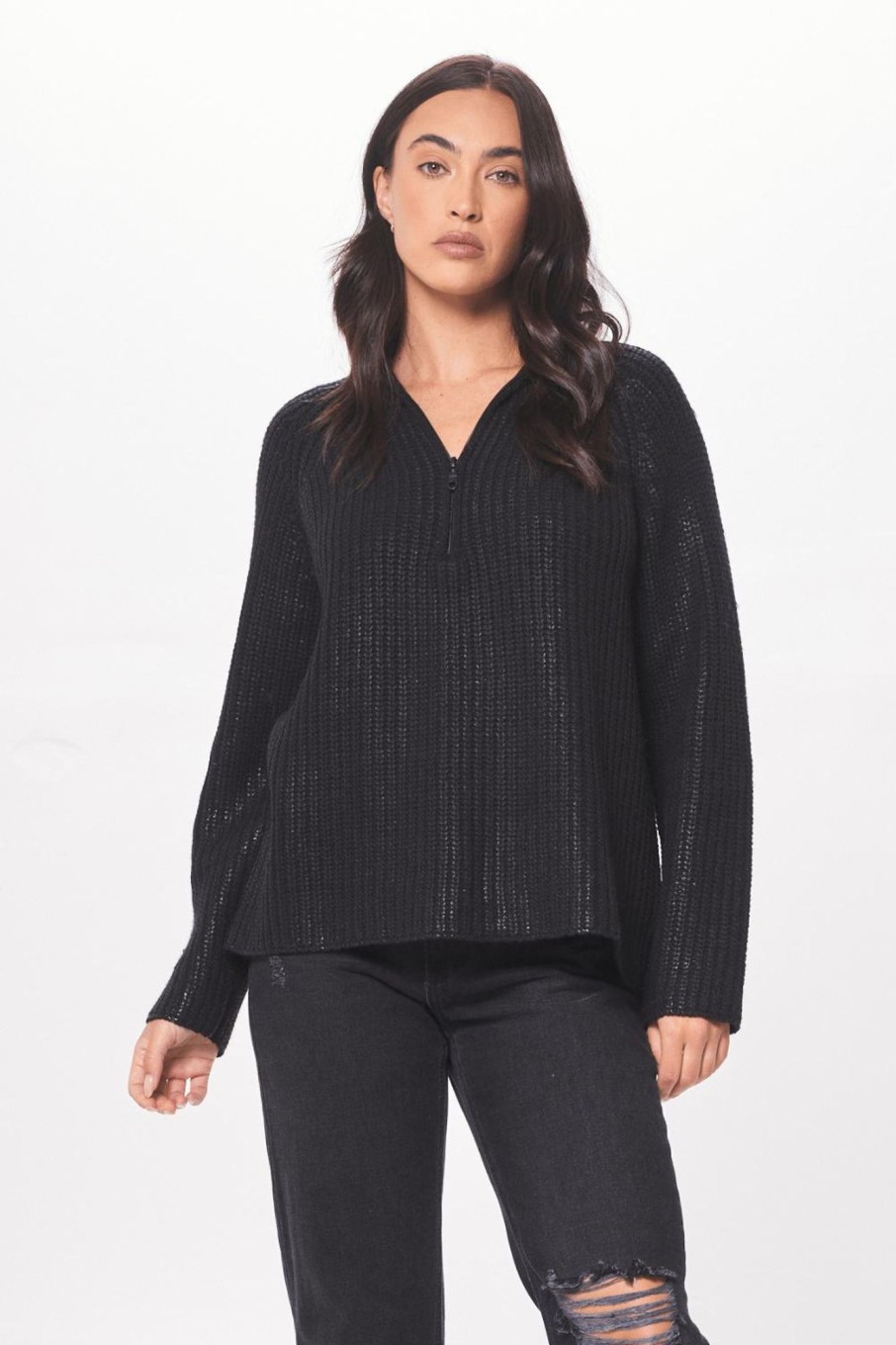 Women Vintage Havana Sweaters | Black Coated Quarter Zip Sweater