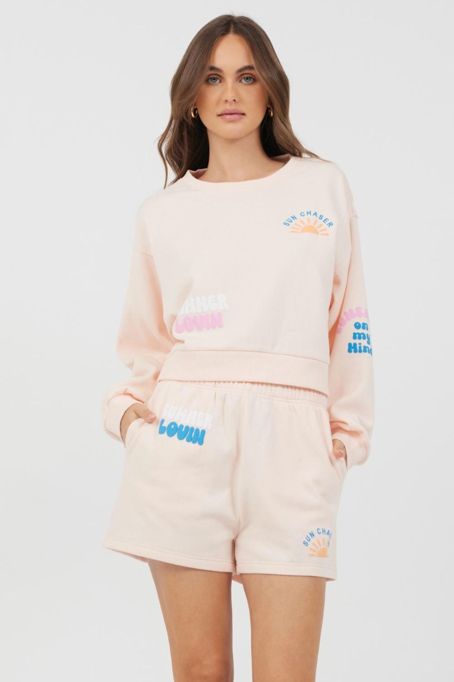 Women Vintage Havana Sweatshirts | Peach Parfait W/Multi Puff Print Surf Wash Crewneck