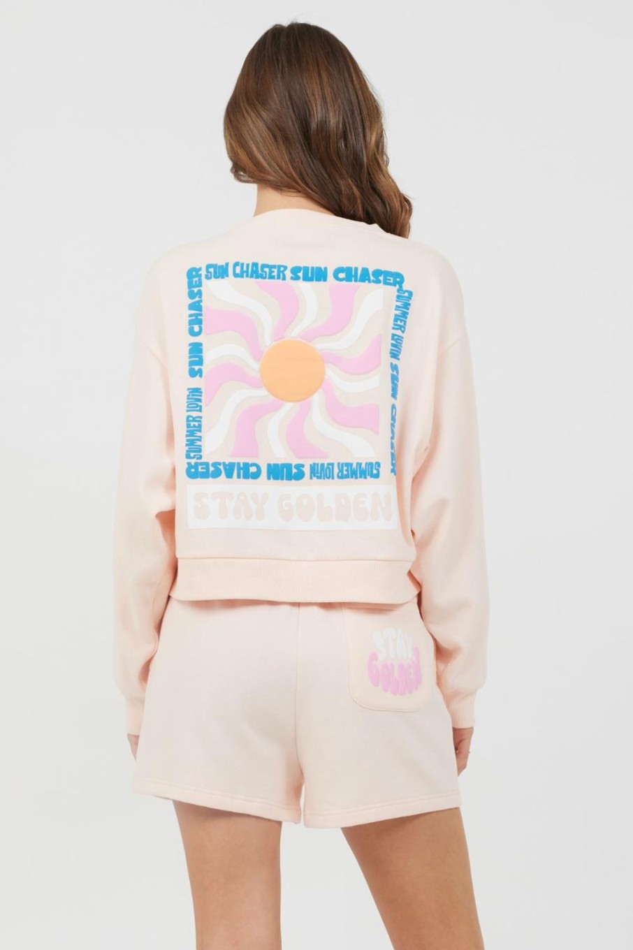 Women Vintage Havana Sweatshirts | Peach Parfait W/Multi Puff Print Surf Wash Crewneck