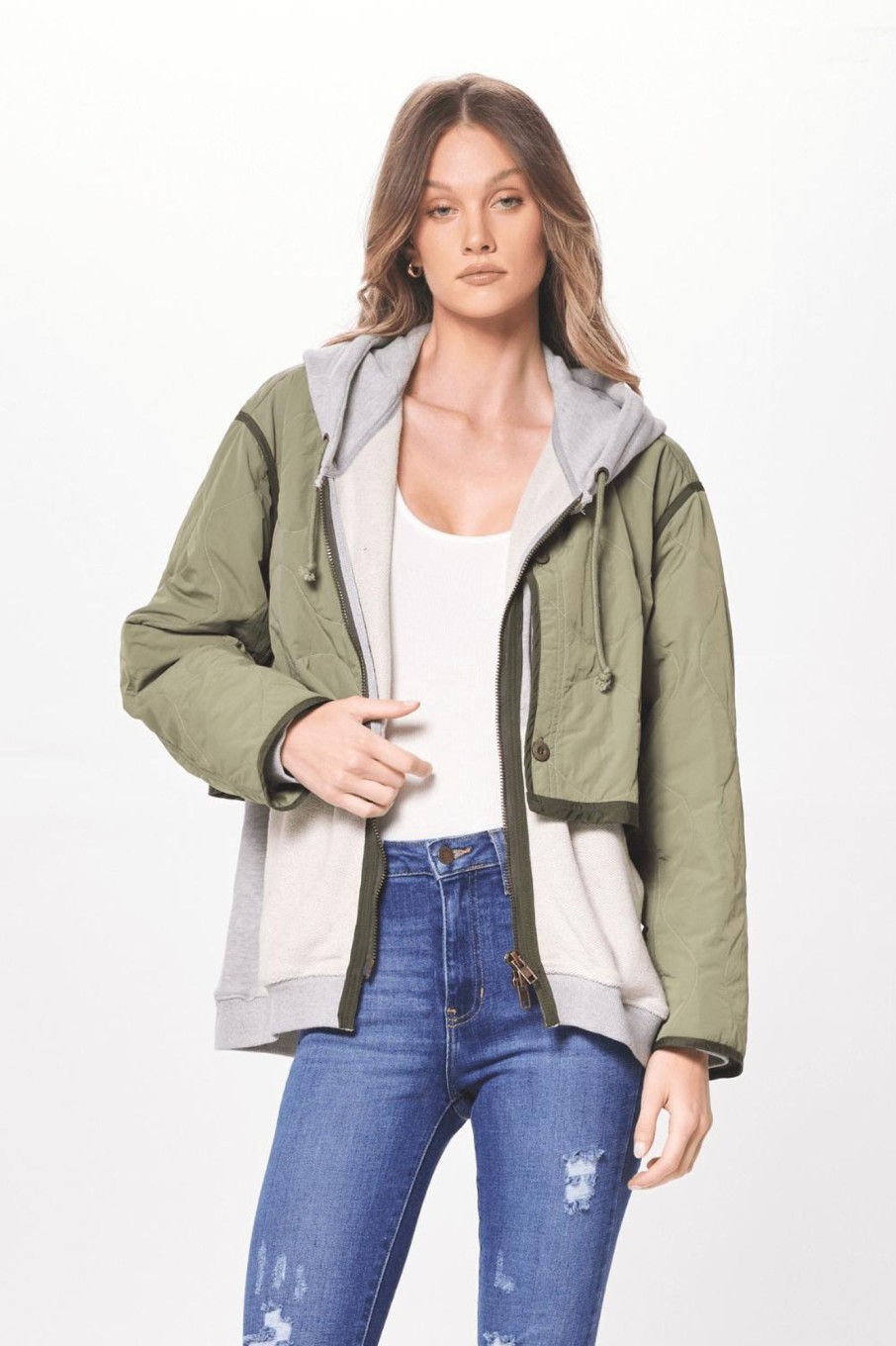 Women Vintage Havana Outerwear | Heather Grey & Olive Combo Layered Jacket