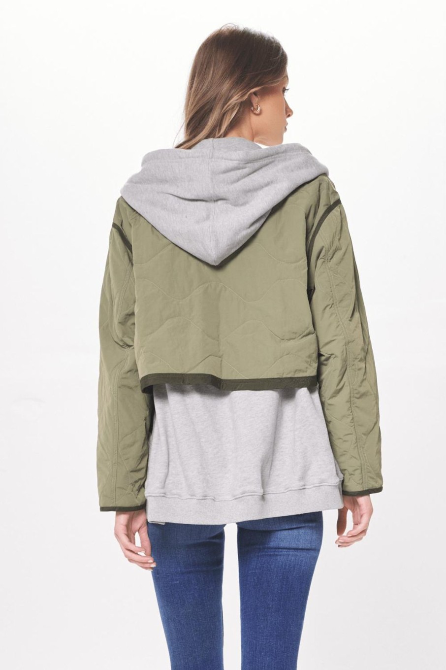 Women Vintage Havana Outerwear | Heather Grey & Olive Combo Layered Jacket