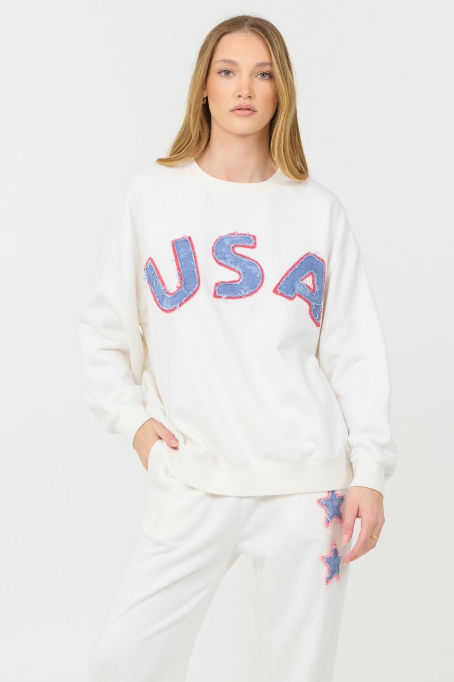 Women Vintage Havana Sweatshirts | White W/Blue Applique French Terry Crewneck