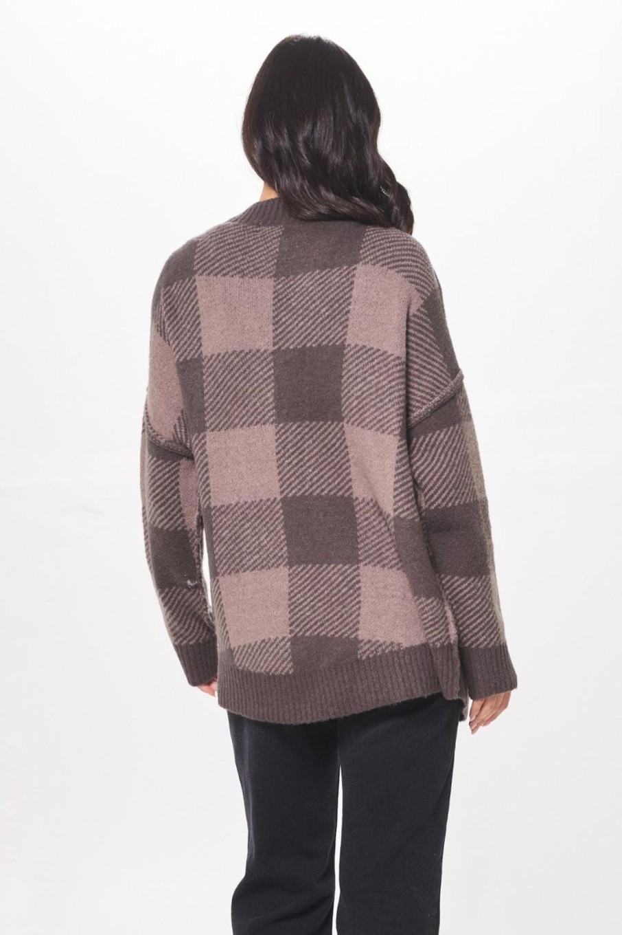 Women Vintage Havana Sweaters | Taupe Checker Plaid Soft Knit Cardigan