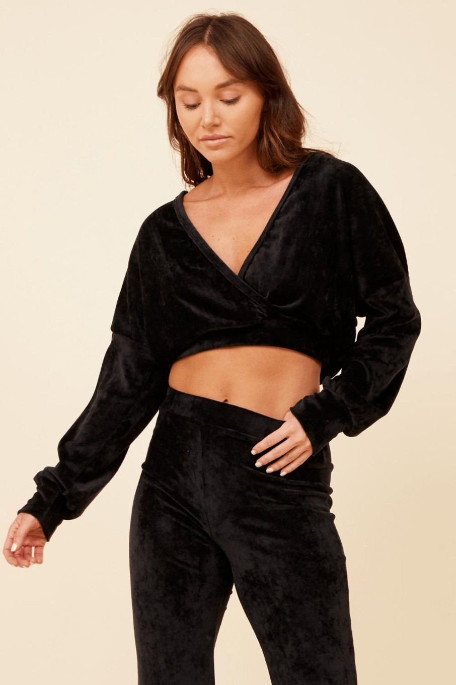 Women Vintage Havana Sweatshirts | Black Velour Surplice Hoodie