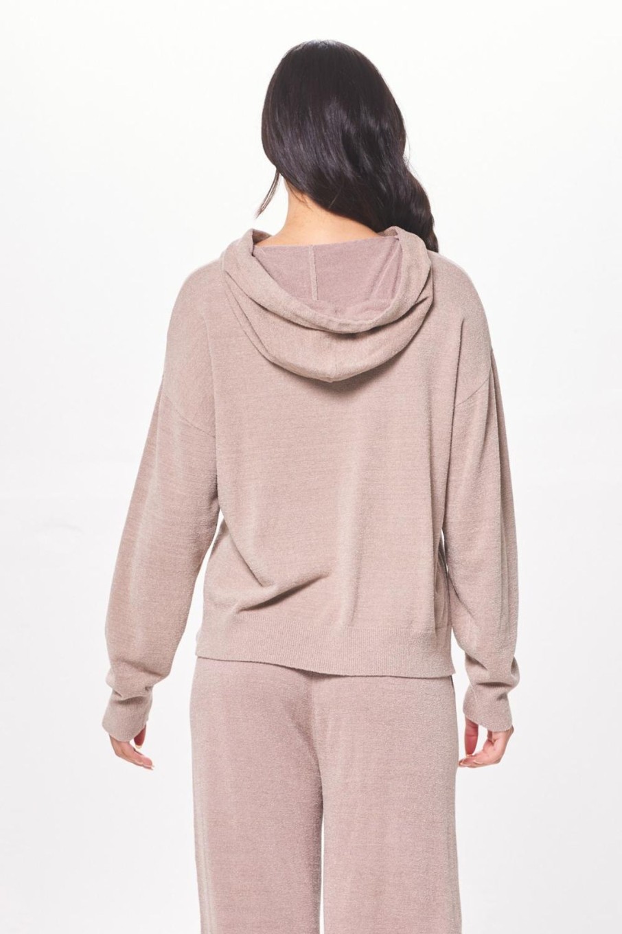 Women Vintage Havana Sweaters | Latte Taupe Plush Knit Pullover Hoodie