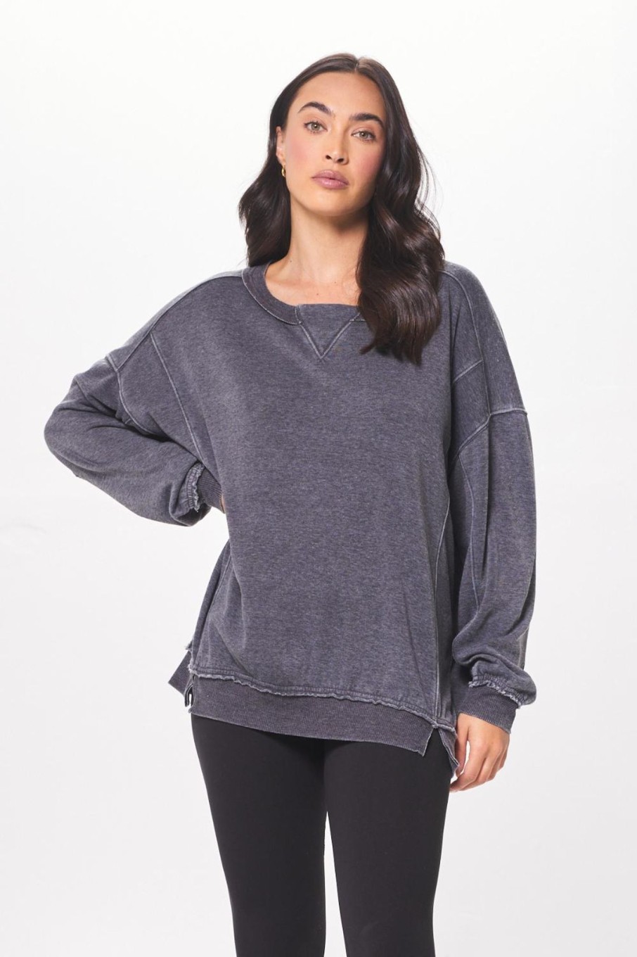 Women Vintage Havana Sweatshirts | Washed Charcoal Oversized Crewneck