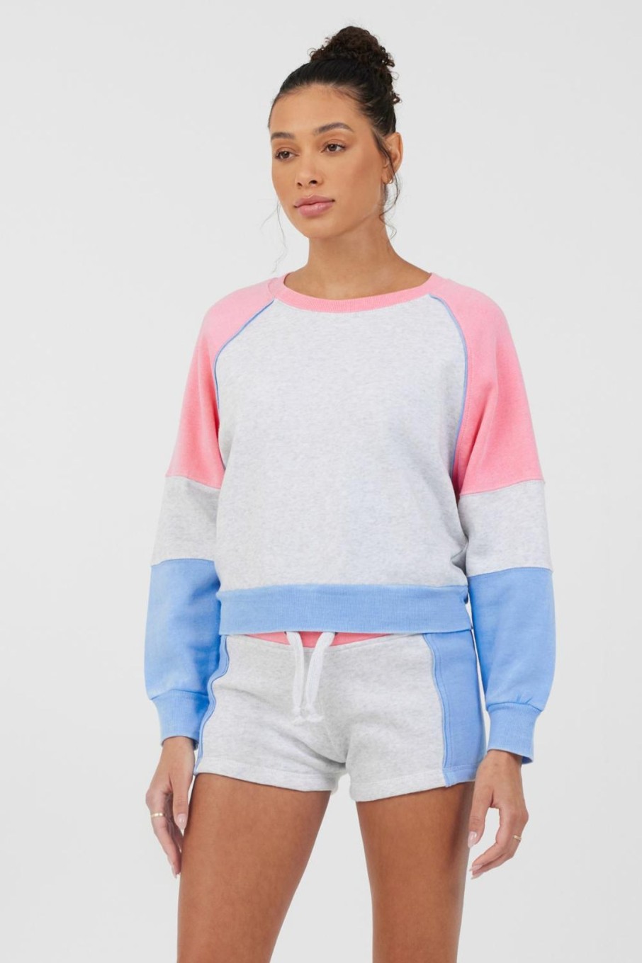 Women Vintage Havana Sweatshirts | Ash Grey Colorblock Fleece Crewneck