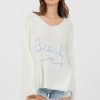 Women Vintage Havana Sweaters | Warm White & Blue "Beach" Embroidered V-Neck Sweater