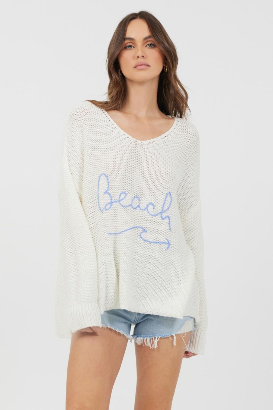 Women Vintage Havana Sweaters | Warm White & Blue "Beach" Embroidered V-Neck Sweater