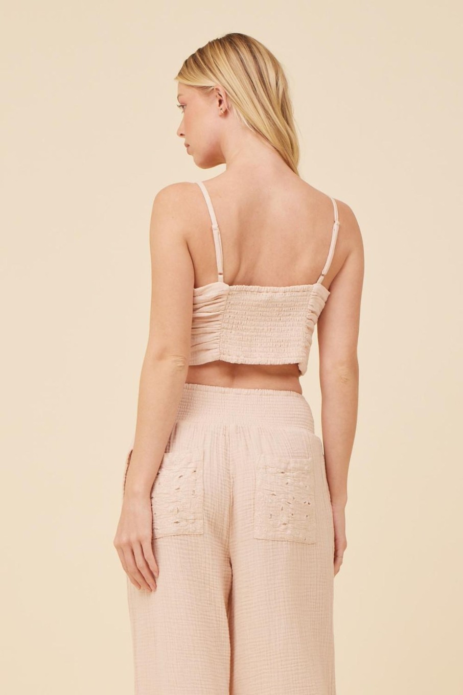 Women Vintage Havana Tanks | Washed Nude Gauze Eyelet Embroidered Cropped Tank