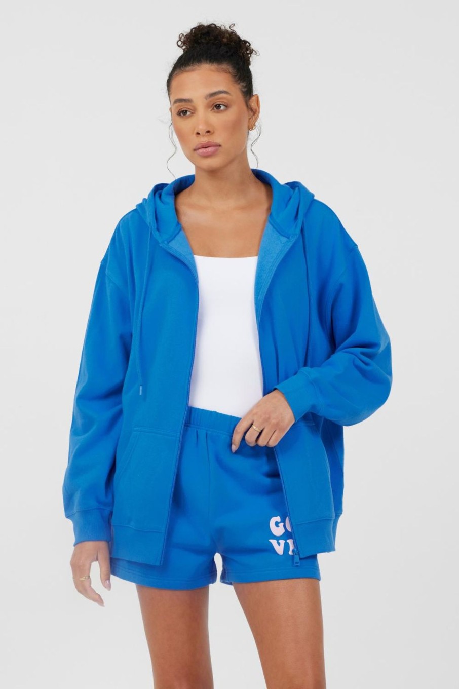 Women Vintage Havana Sweatshirts | Royal Blue W/Pink Puff Zip Up Hoodie