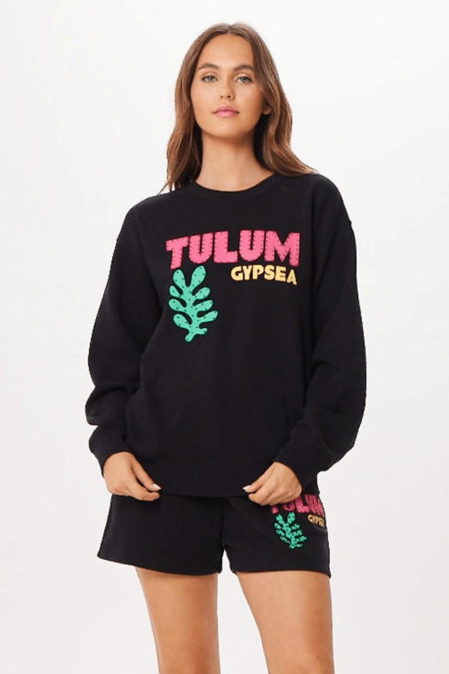 Women Vintage Havana Sweatshirts | Black Tulum Jet Setter Surf Wash Crewneck