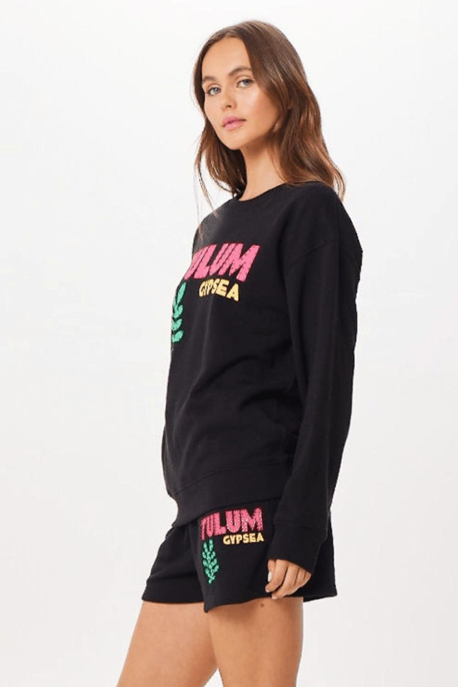 Women Vintage Havana Sweatshirts | Black Tulum Jet Setter Surf Wash Crewneck