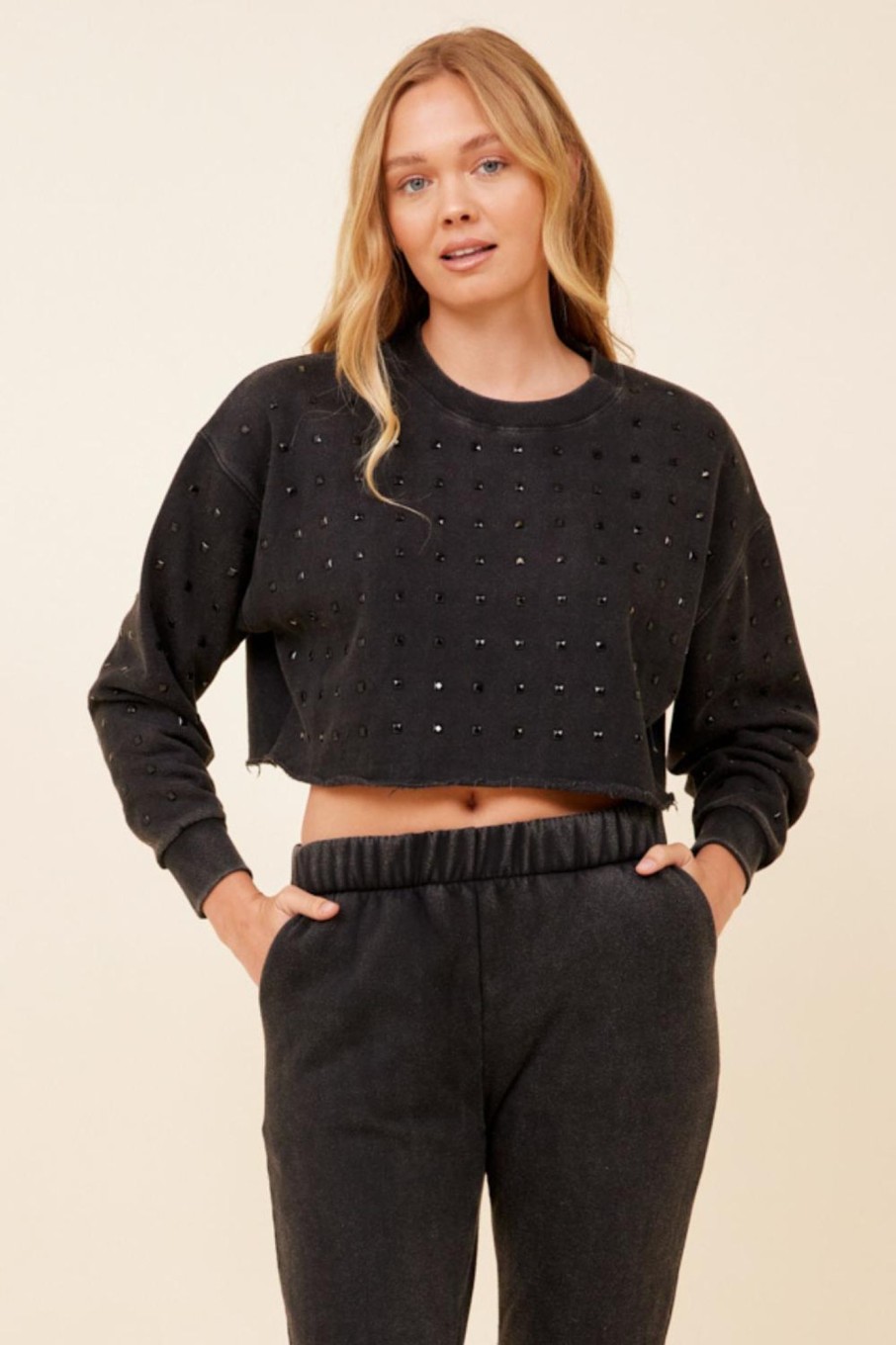 Women Vintage Havana Sweatshirts | Washed Black Rhinestone Detail Cropped Crewneck