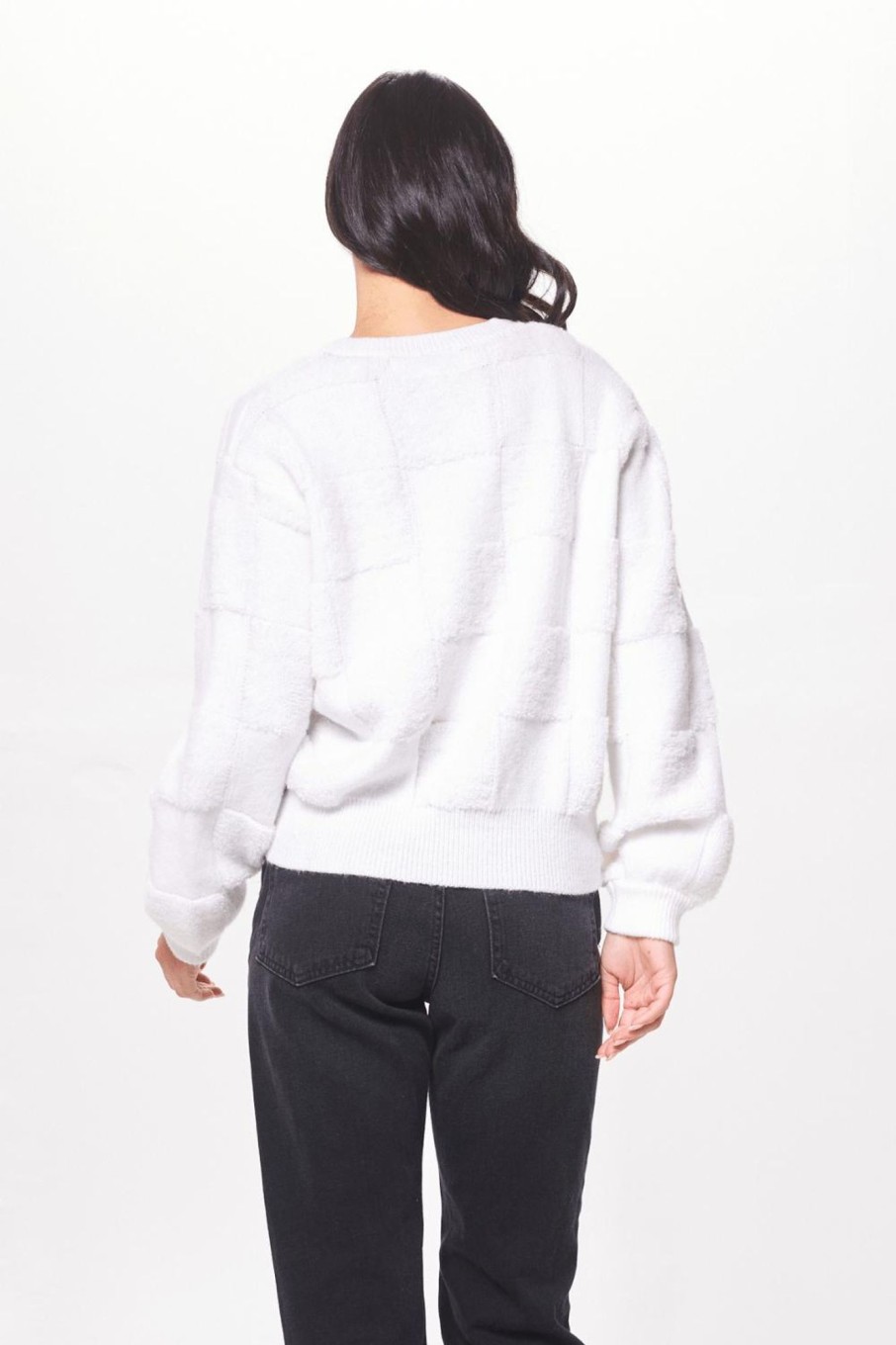 Women Vintage Havana Sweaters | Ivory Tonal Checkered Crewneck Sweater