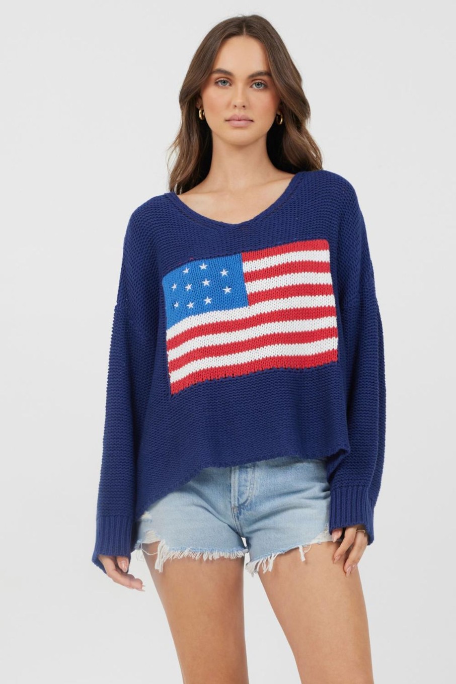 Women Vintage Havana Sweaters | Navy Flag Embroidered Sweater