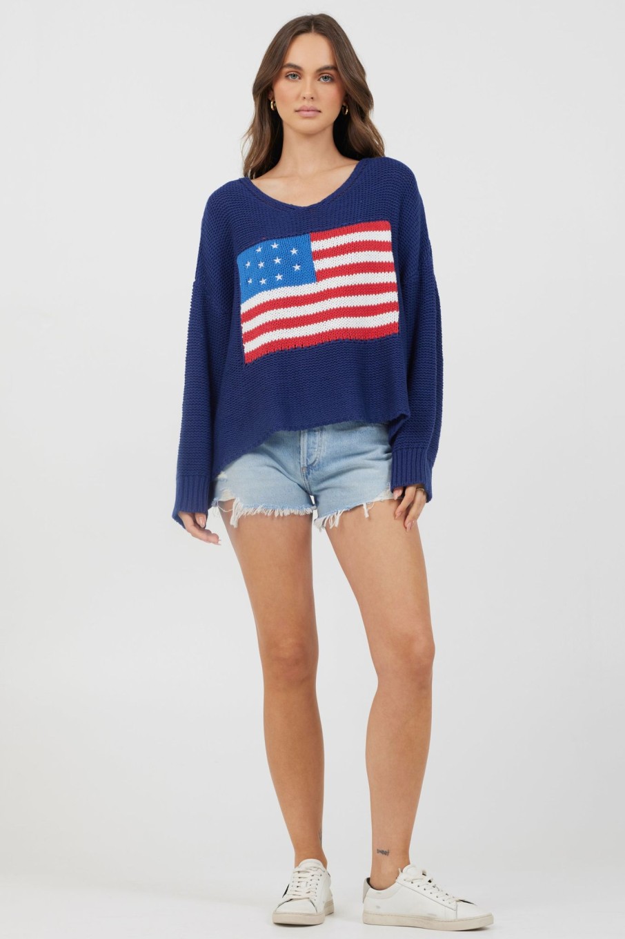 Women Vintage Havana Sweaters | Navy Flag Embroidered Sweater