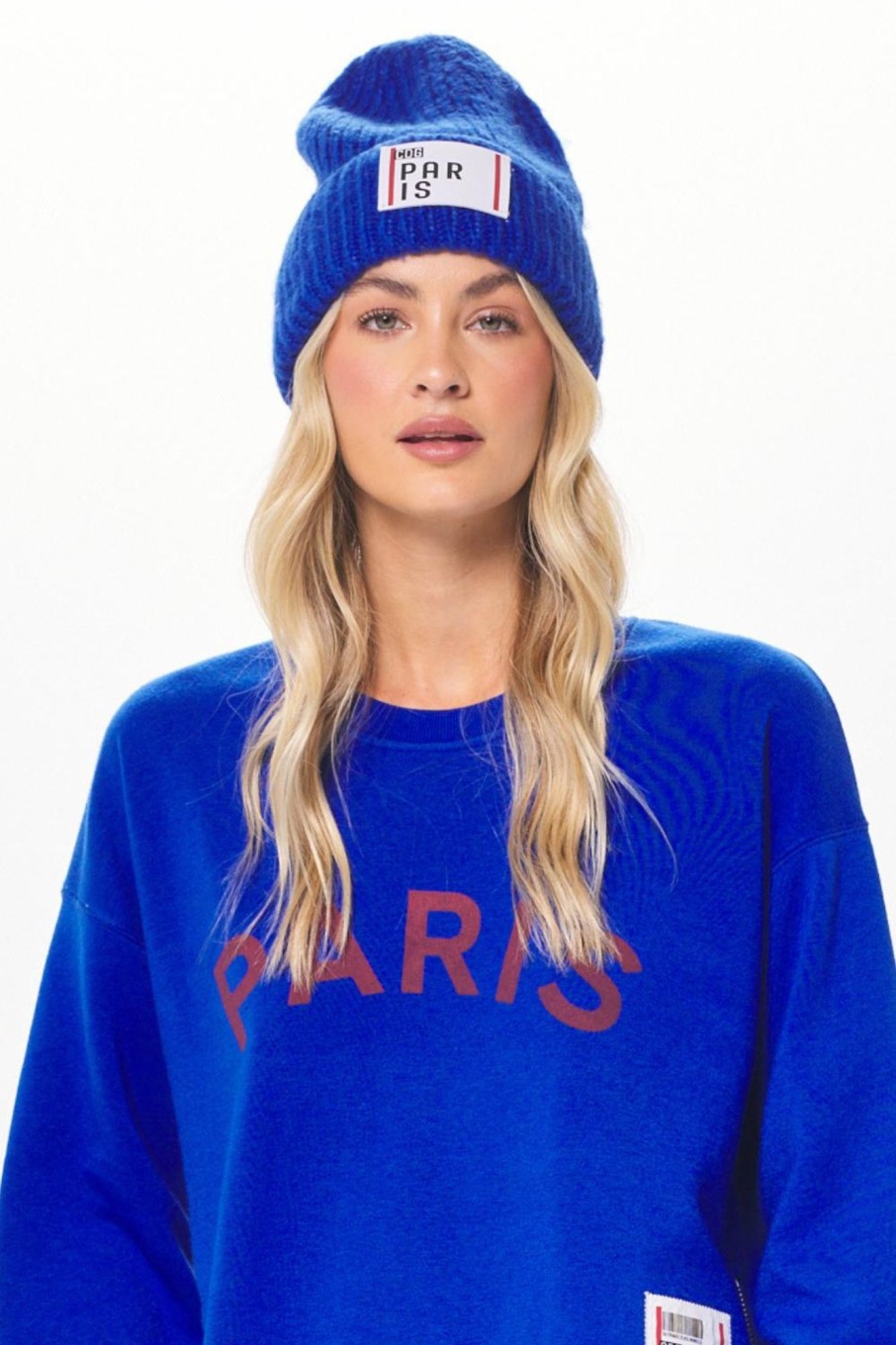 Women Vintage Havana Beanies | Royal Blue W/Red Paris Boarding Pass Beanie