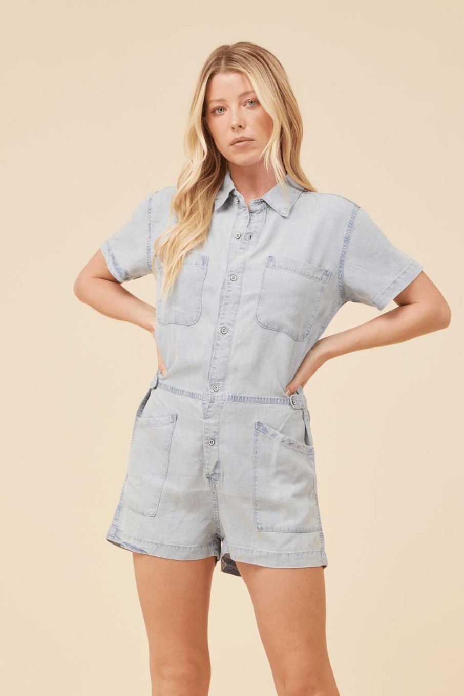 Women Vintage Havana Jumpers & Rompers | Denim Button Front Romper