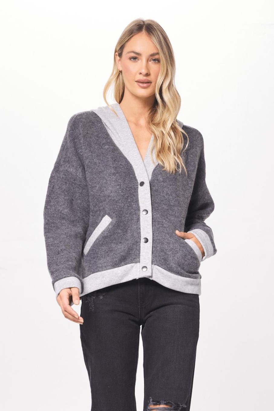 Women Vintage Havana Sweaters | Heather Grey Novelty Button Front Hooded Cardigan