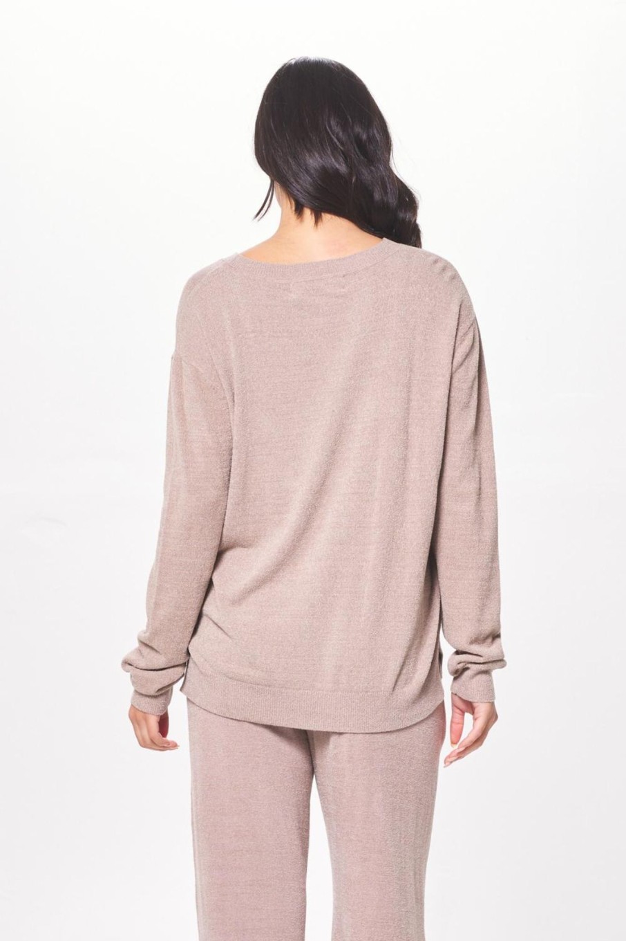 Women Vintage Havana Sweaters | Latte Taupe Plush Knit Crewneck