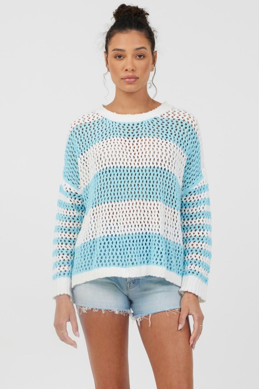 Women Vintage Havana Sweaters | Tropical Turquoise Striped Netted Crewneck