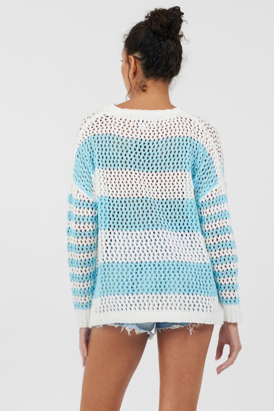 Women Vintage Havana Sweaters | Tropical Turquoise Striped Netted Crewneck