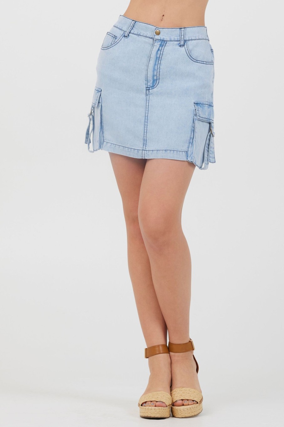 Women Vintage Havana Skirts | Washed Denim Tencel Cargo Pocket Skirt