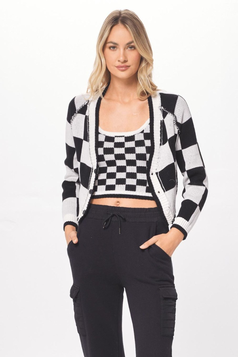 Women Vintage Havana Sweaters | Black & Cream Knit Checkered Cardigan