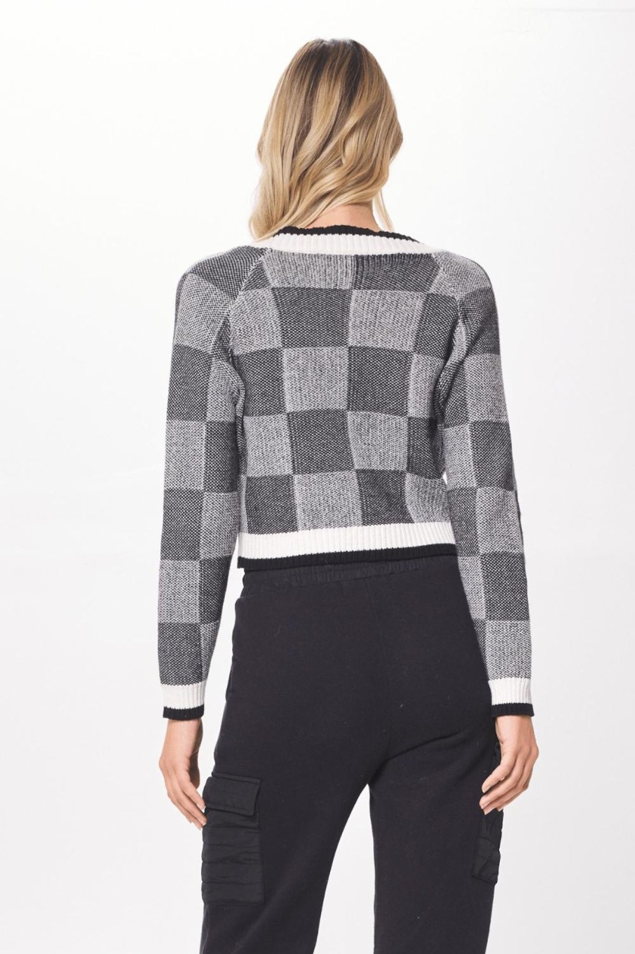 Women Vintage Havana Sweaters | Black & Cream Knit Checkered Cardigan