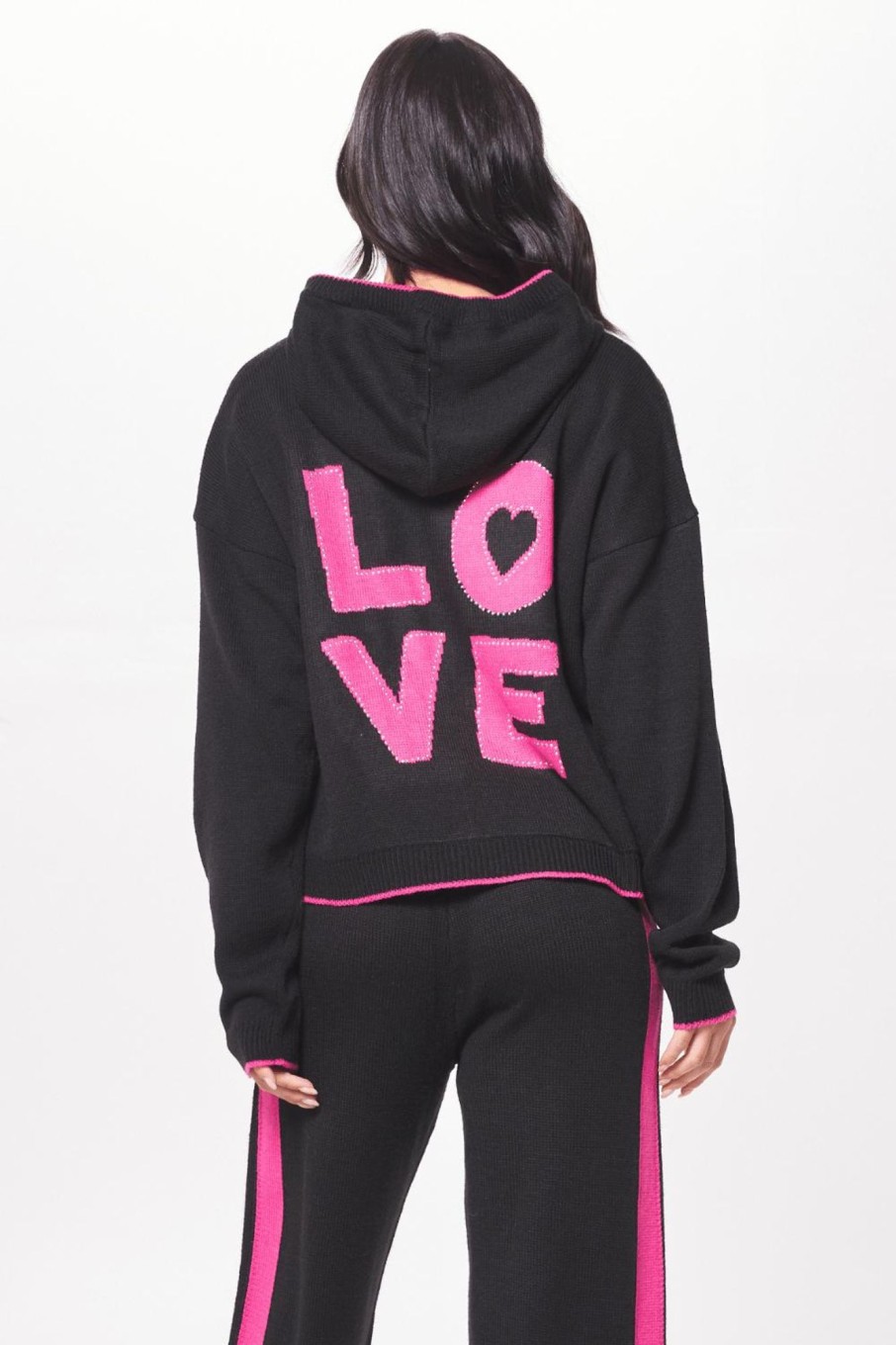 Women Vintage Havana Sweaters | Black W/Hot Pink "Love" Jacquard Sweater Hoodie